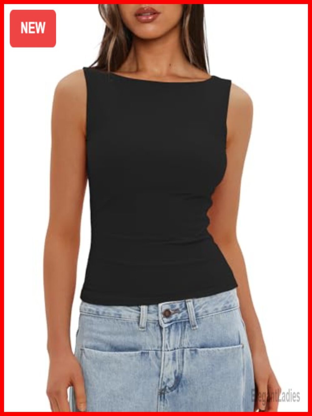 Women's Seamless Boat Neck Slim Fit Tank Top Sleeveless Double Lined Basic